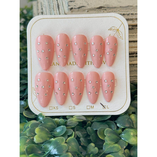Handmade Pink Almond Press-On Nails: Sparkle Rhinestone Nail Set