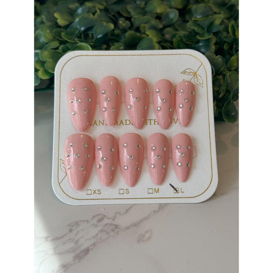 Handmade Pink Almond Press-On Nails: Sparkle Rhinestone Nail Set